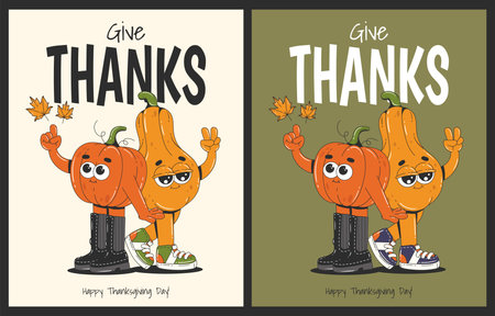 Happy thanksgiving greeting cards with cute pumpkin characters. Autumn posters in retro groovy style.のイラスト素材
