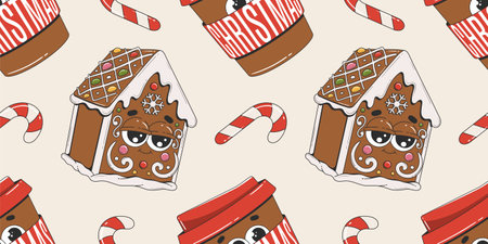 Groovy Christmas seamless pattern with cartoon characters. Great for backgrounds, banners,...