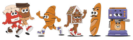 Sticker set with food and drink characters. Mascots for cafe, bakery, restaurant. Coffee cup, jam,...