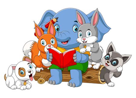 Illustration of many animal reading book with big elephantのイラスト素材