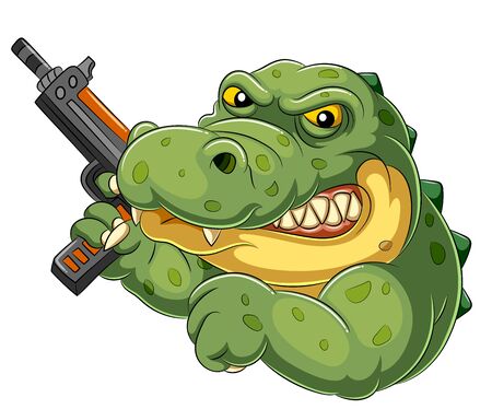 illustration of Strong and angry cartoon crocodile holding an gunのイラスト素材