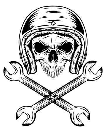 human skull with helmet and crossing wrenches of illustrationのイラスト素材