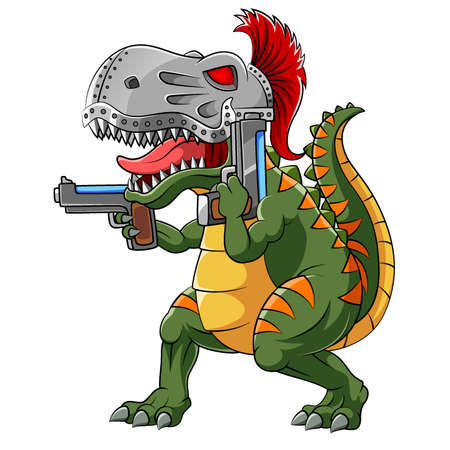 Tyrannosaurus wearing spartan helmet with two gun of illustrationのイラスト素材