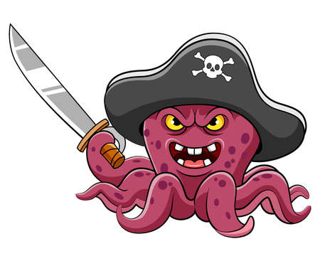 Angry octopus pirates cartoon holding sword of illustrationのイラスト素材