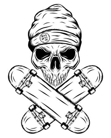 Skull of skater with hat and two crossed skateboards of illustrationのイラスト素材