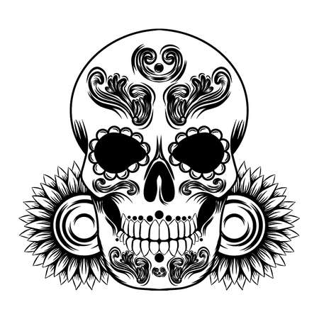 The illustration tattoos of the vintage flower on a day of dead skullのイラスト素材