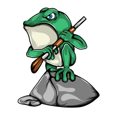 The illustration of the soldier green frog holding the shoot gun and standing on the big stoneのイラスト素材