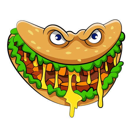 The illustration of the beef burrito monster with the vegetables and yellow mustard for the mascot of restaurantのイラスト素材