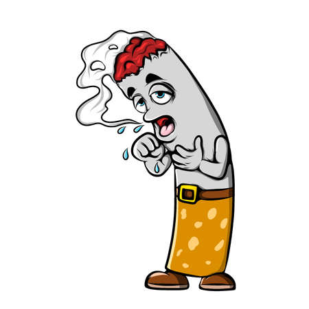 The illustration of the burning cigarette is coughing because of the emitting some on his headのイラスト素材