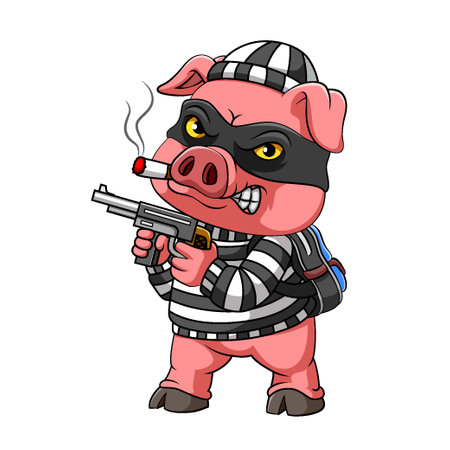 The illustration of the mugger pig with cigarette on its mouth is holding a gunのイラスト素材
