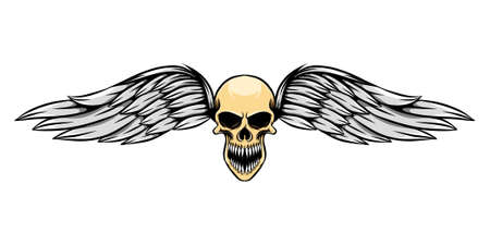 The hand draw of the dead skull with wings is laughing of illustrationのイラスト素材
