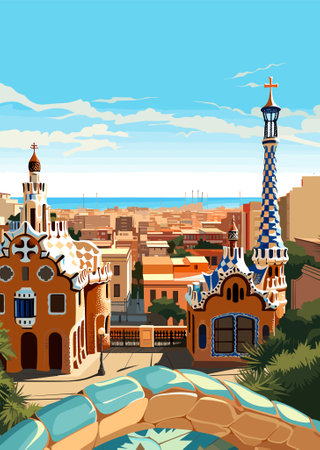Travel Destination in Barcelona Spain vintage print. holidays concept of illustrationのイラスト素材