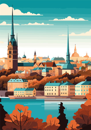 Travel Destination in Stockholm Sweden vintage print. holidays concept of illustrationのイラスト素材