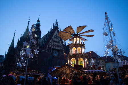 Wroclaw, Poland - December 11, 2019: Christmas market in Old Town at nightのeditorial素材
