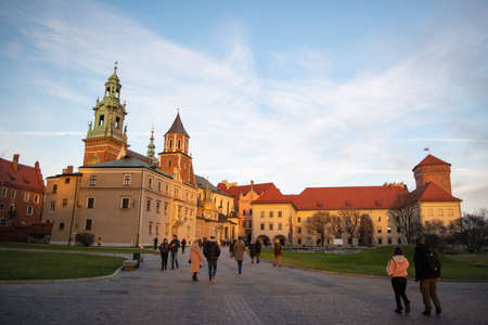 Krakow, Poland - December 13, 2019: Interior square at Wawel Royal Castle during sunset in Krakow, Poland.のeditorial素材