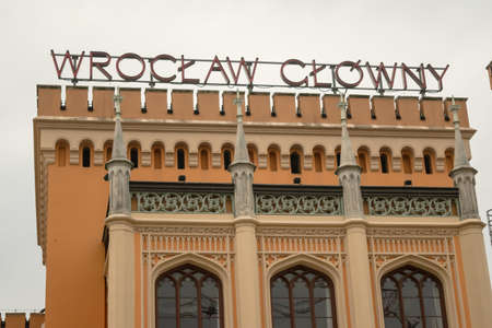 Letters with the name of the city of Wroclaw in Poland on the facade of the train stationのeditorial素材