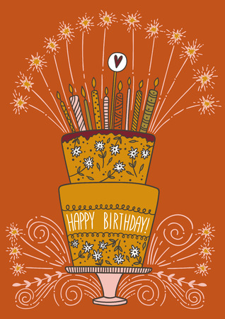 Cute Happy Birthday cake with candles and fireworks. Vector illustration with place for your textの写真素材
