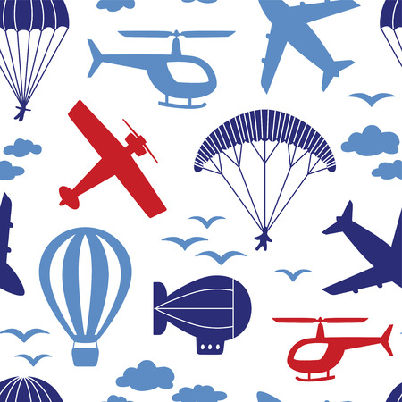 Vector seamless pattern with airplanes, helicopter, parachute, balloon, airship in the cloudsの写真素材