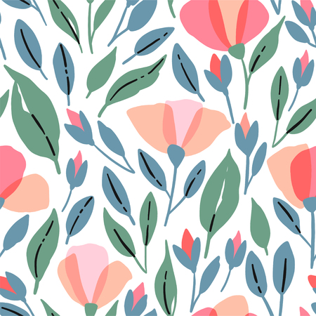 Wildflowers seamless pattern. Vector poppys illustration with pink flowersの写真素材