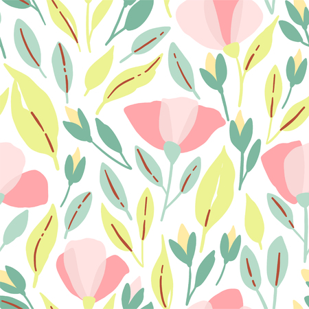 Wildflowers seamless pattern. Vector poppys illustration with pink flowersの写真素材