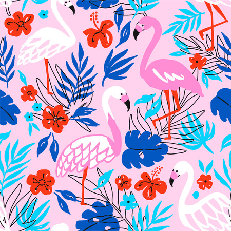 Flamingo Bird and Tropical Flowers Background. Seamless pattern vectorの写真素材