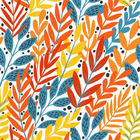 Bright floral tropical leaves on abstract colorful pattern. vector seamless background.の写真素材