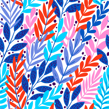 Bright floral tropical leaves on abstract colorful pattern. vector seamless background. Plant flower nature wallpaperの写真素材