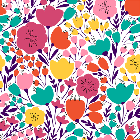 Colorful and bright seamless pattern with leaves and flowersの写真素材