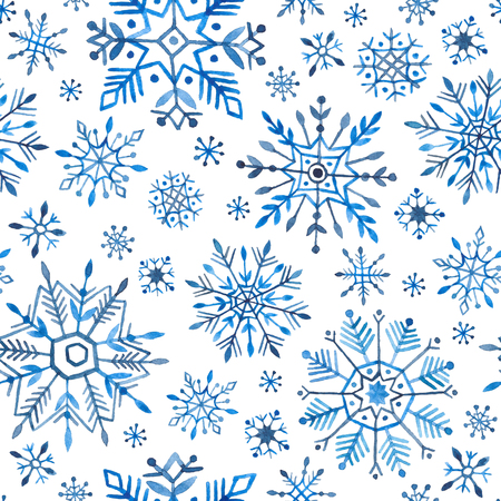 Watercolor snowflakes seamless pattern. Blue snowflakes on a white background.の写真素材
