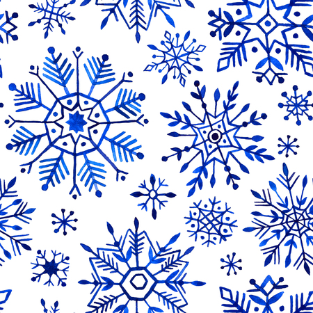 Watercolor snowflakes seamless pattern. Blue snowflakes on a white background.の写真素材