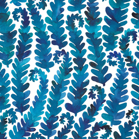 Hand drawn seamless watercolor pattern of blue fern branchesの写真素材