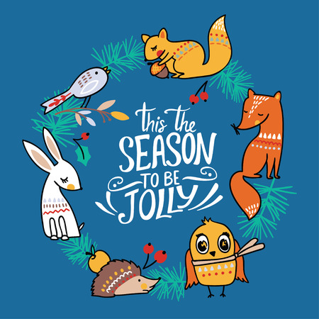 Winter christmas card with cute animals fox, hare, owl, squirrel and hedgehogの写真素材