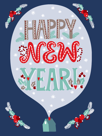 Happy new year lettering card with phrase and house.の写真素材