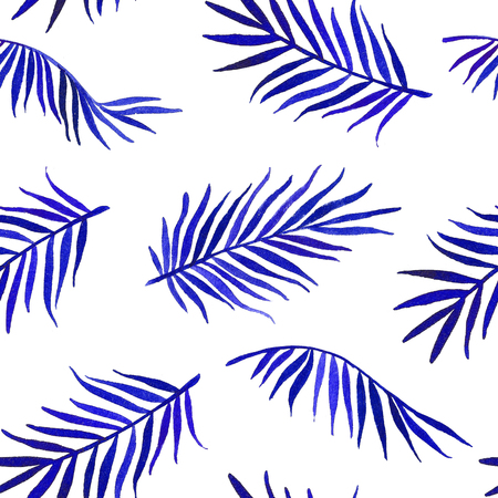Watercolor seamless pattern with blue palm leavesの写真素材