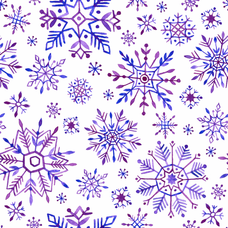 Watercolor snowflakes seamless pattern. Purple snowflakes on a white background.の写真素材