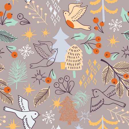 Christmas seamless pattern with tree, birds, barrys.の写真素材