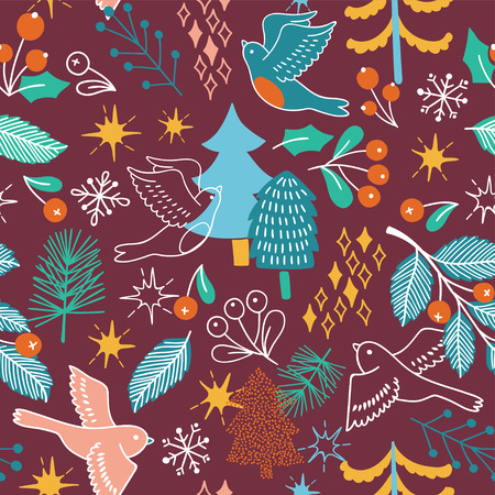 Christmas seamless pattern with tree, birds, barrys.の写真素材