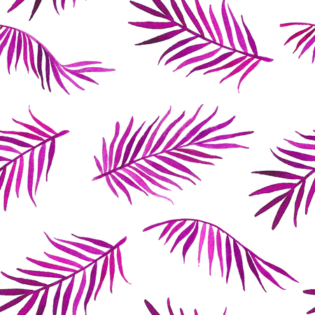 Watercolor hand drawn seamless pattern with purple palm leavesの写真素材