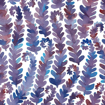 Hand drawn seamless watercolor pattern of purple fern branches with leaves on white backgroundの写真素材