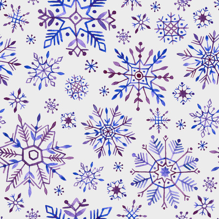 Watercolor snowflakes seamless pattern. Purple snowflakes on a white background. Christmas hand drawn illustrations.の写真素材
