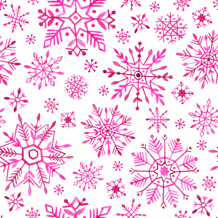 Watercolor snowflakes seamless pattern. Pink snowflakes on a white background. Christmas hand drawn illustrations.の写真素材