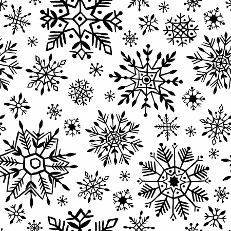 Watercolor snowflakes seamless pattern. Black snowflakes on a white background. Christmas hand drawn illustrations.の写真素材