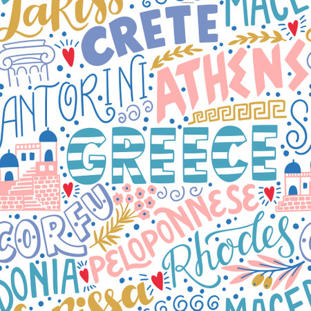 Around the World. GREECE vector lettering seamless pattern. Country and major cities. Vector illustrationの写真素材