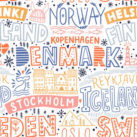 Around the World. NORDIC EUROPE vector lettering seamless pattern. Country and major cities. Vector illustrationの写真素材
