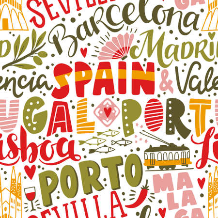 Around the World. SPAIN and PORTUGAL vector lettering seamless pattern. Country and major cities. Vector illustrationの写真素材