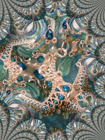 Chandelier earrings against aquamarine glass - fractal