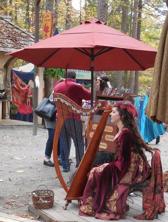 October 31, 2015 - Huntersville, NC - a harpist entertaining visitors at Renaissance Festivalのeditorial素材
