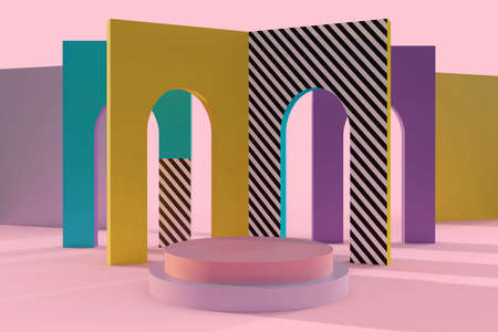 Colorful memphis style inspiration 3d render. Abstract geometric composition with podium for product mockup.の写真素材