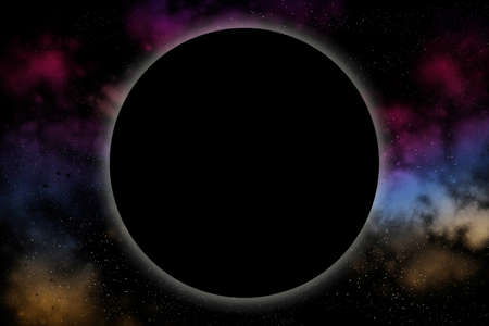 Galaxy background with copy space for banner or flayer. Black hole with a light ring around.