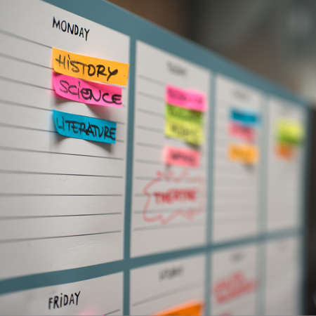 Weekly scholar timetable with colorful handwritten posts. On Monday History, Science and Literatureの写真素材